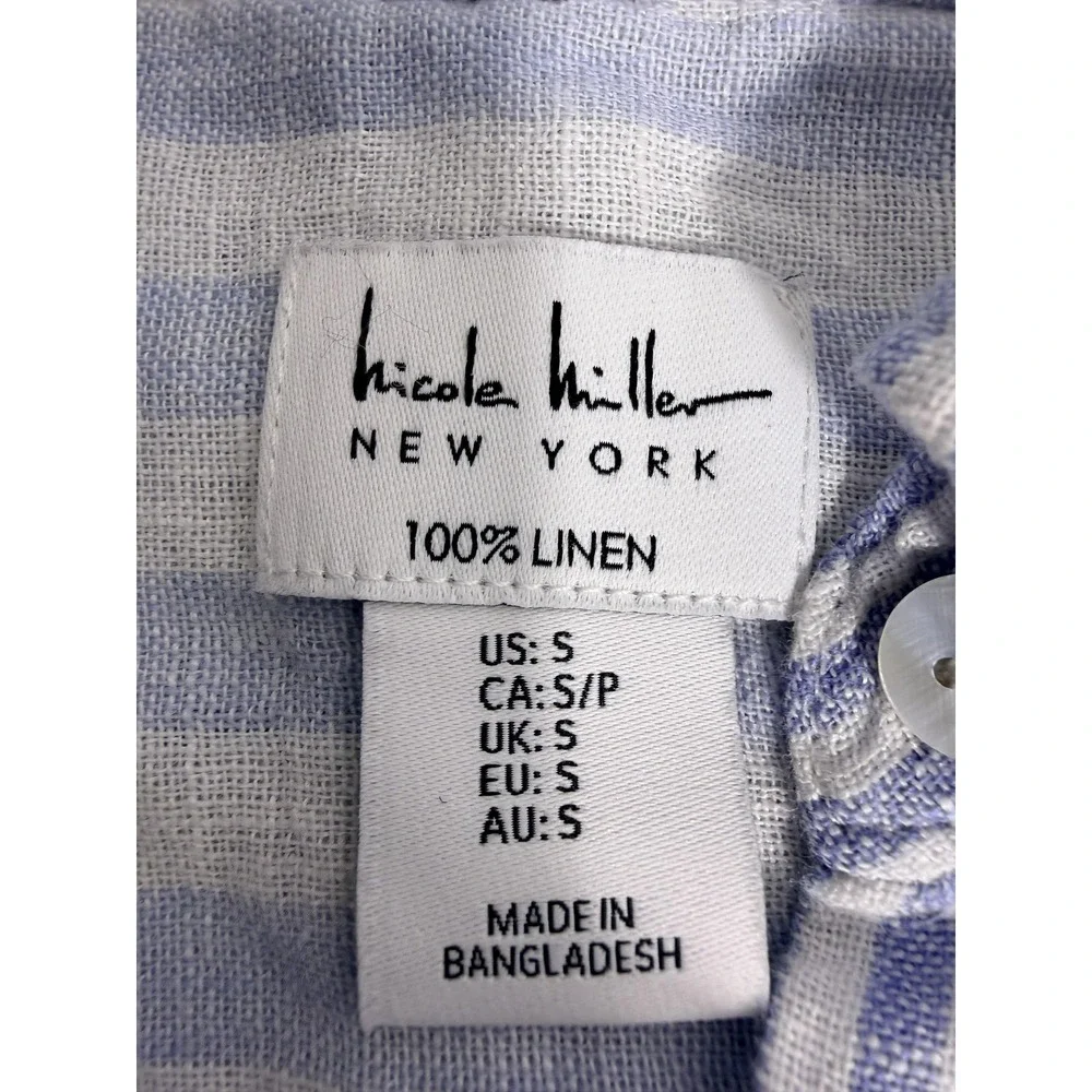 Nicole Miller New‎ York Shirt Womens Small Blue White Stripe Linen Button Top - Picture 6 of 8